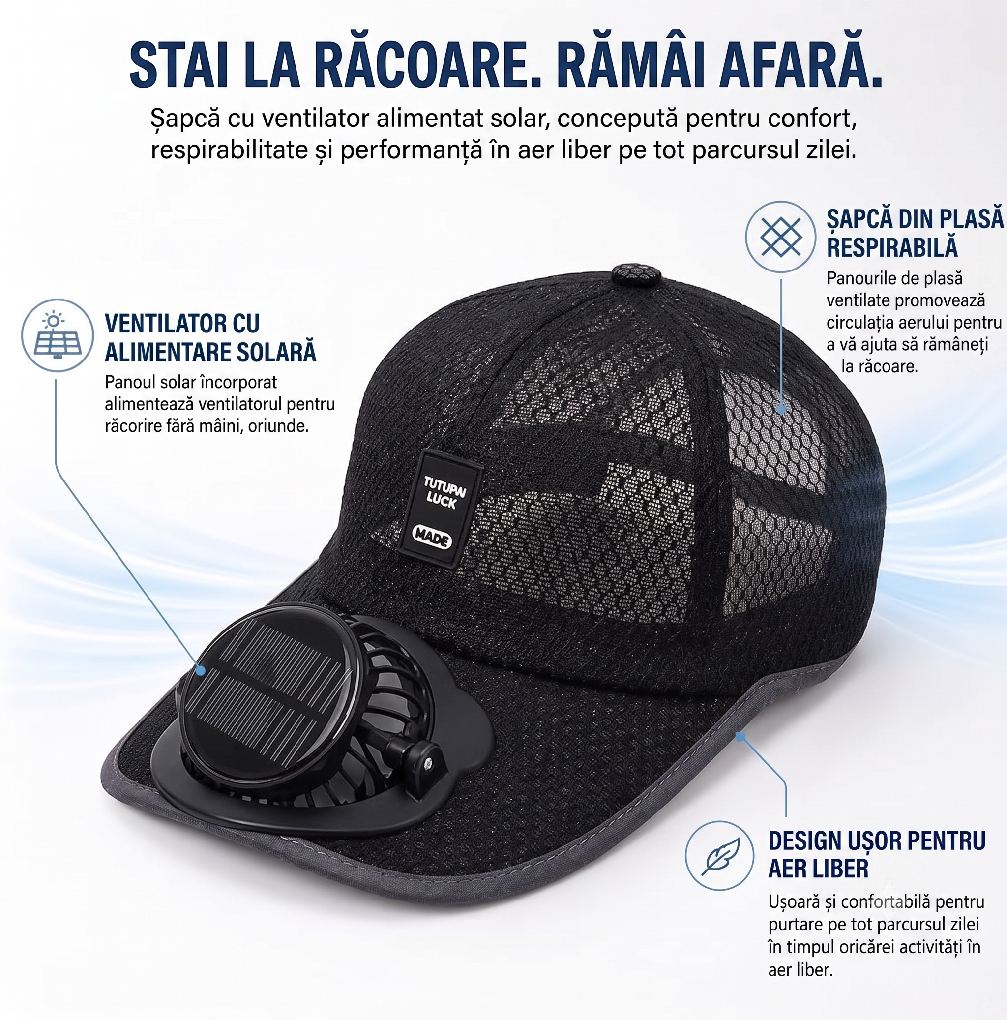 Șapcă Răcoritoare cu Ventilator și Panou Solar