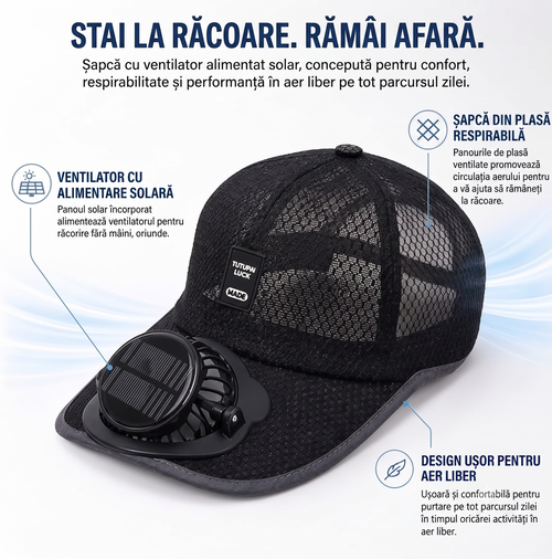 Șapcă Răcoritoare cu Ventilator și Panou Solar