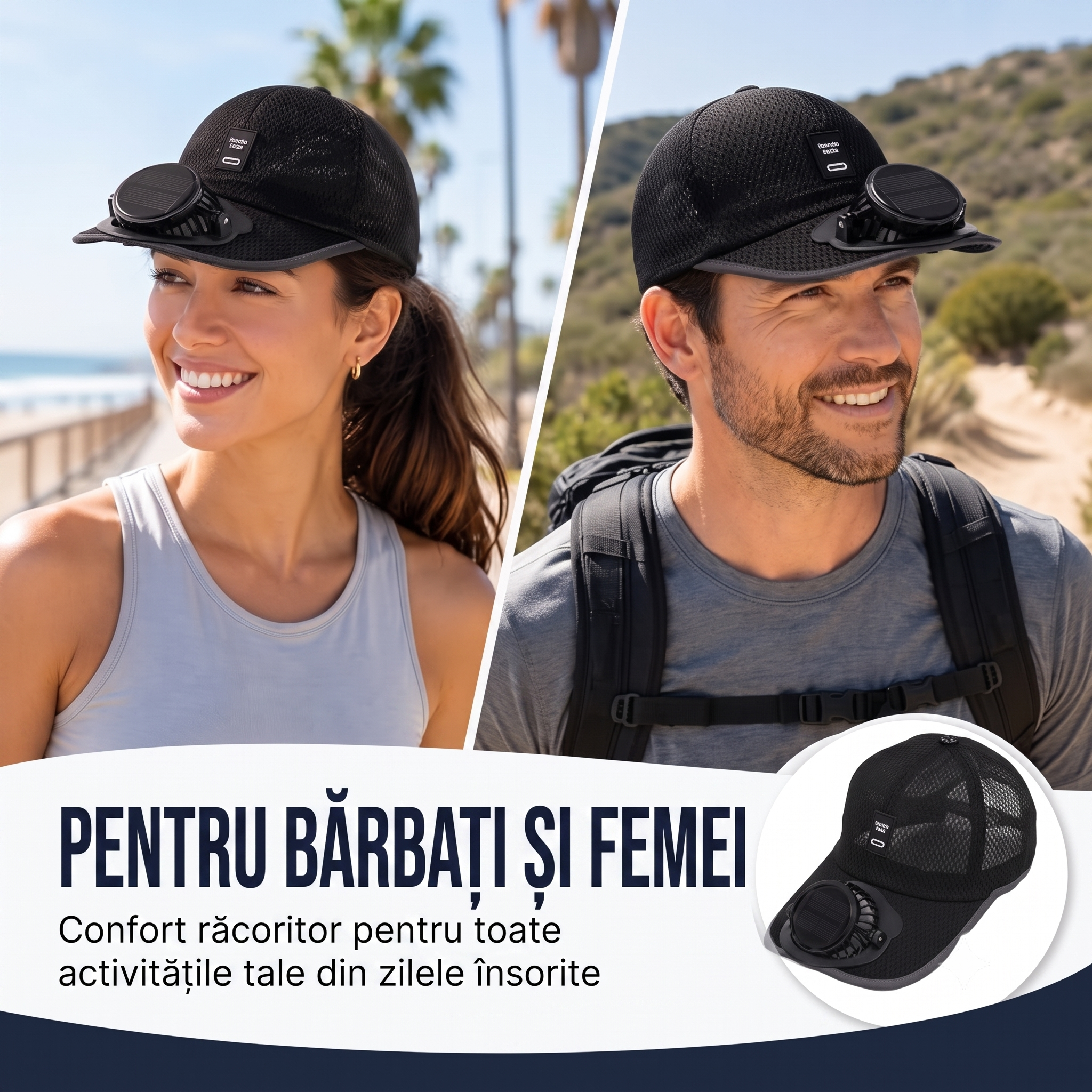 Șapcă Răcoritoare cu Ventilator și Panou Solar